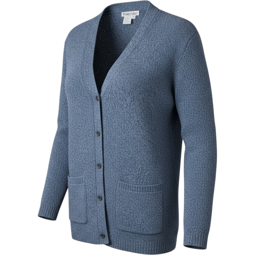 WinterSilks 80% Silk Cotton Cardigan M Blue V Neck Button Front Sweater